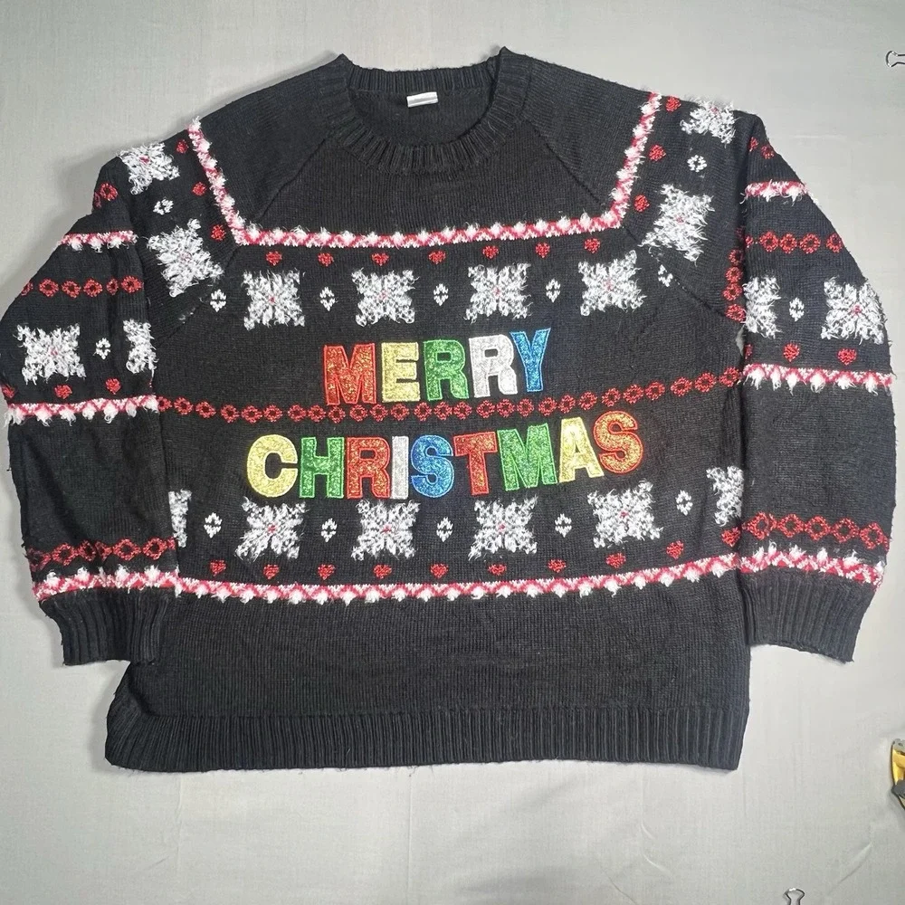 Holiday Time Sweater Merry Christmas Glitter Black Mens XL